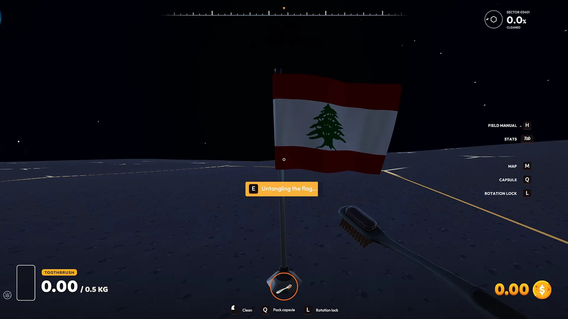 Moon Sweepers player untangling a flag with the E prompt at night