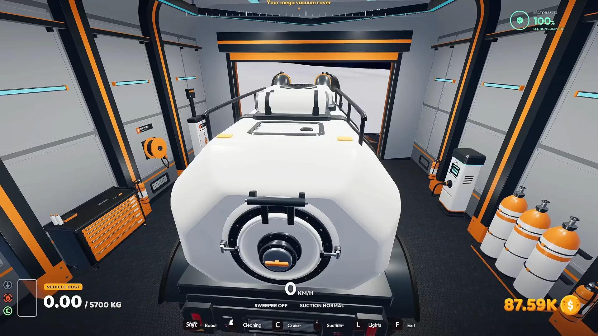 Moon Sweepers player entering a Mega Vacuum Rover on the lunar surface