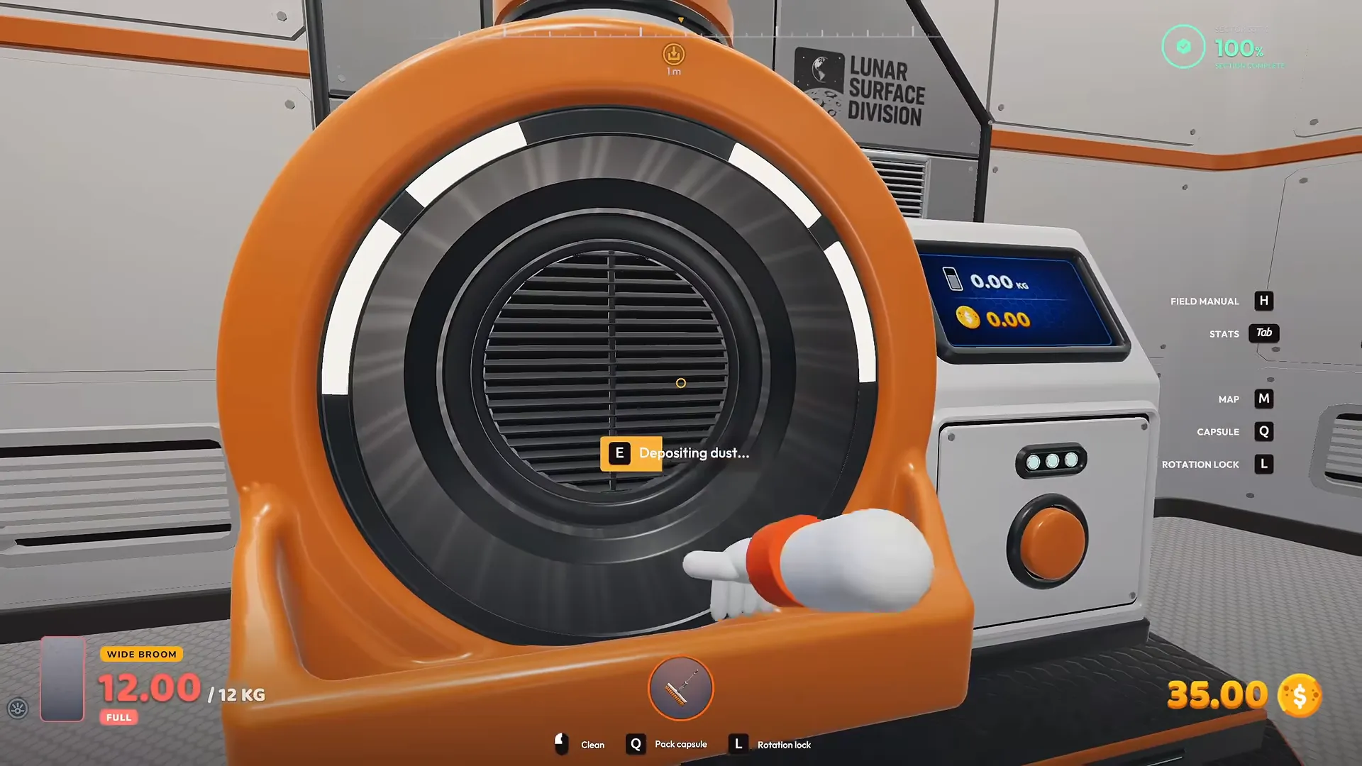 Moon Sweepers player depositing a full Wide broom load into the dust intake