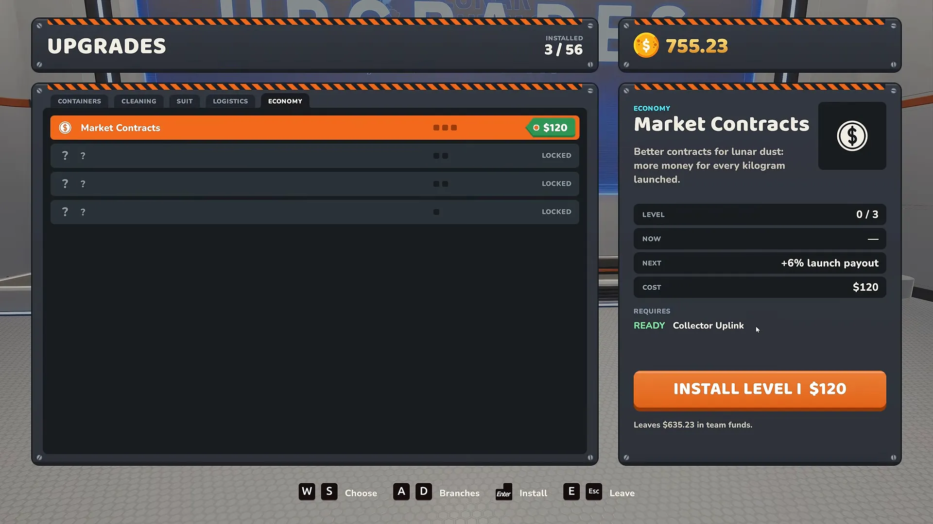 Moon Sweepers Economy upgrades tab with Market Contracts for $120 and +6% launch payout