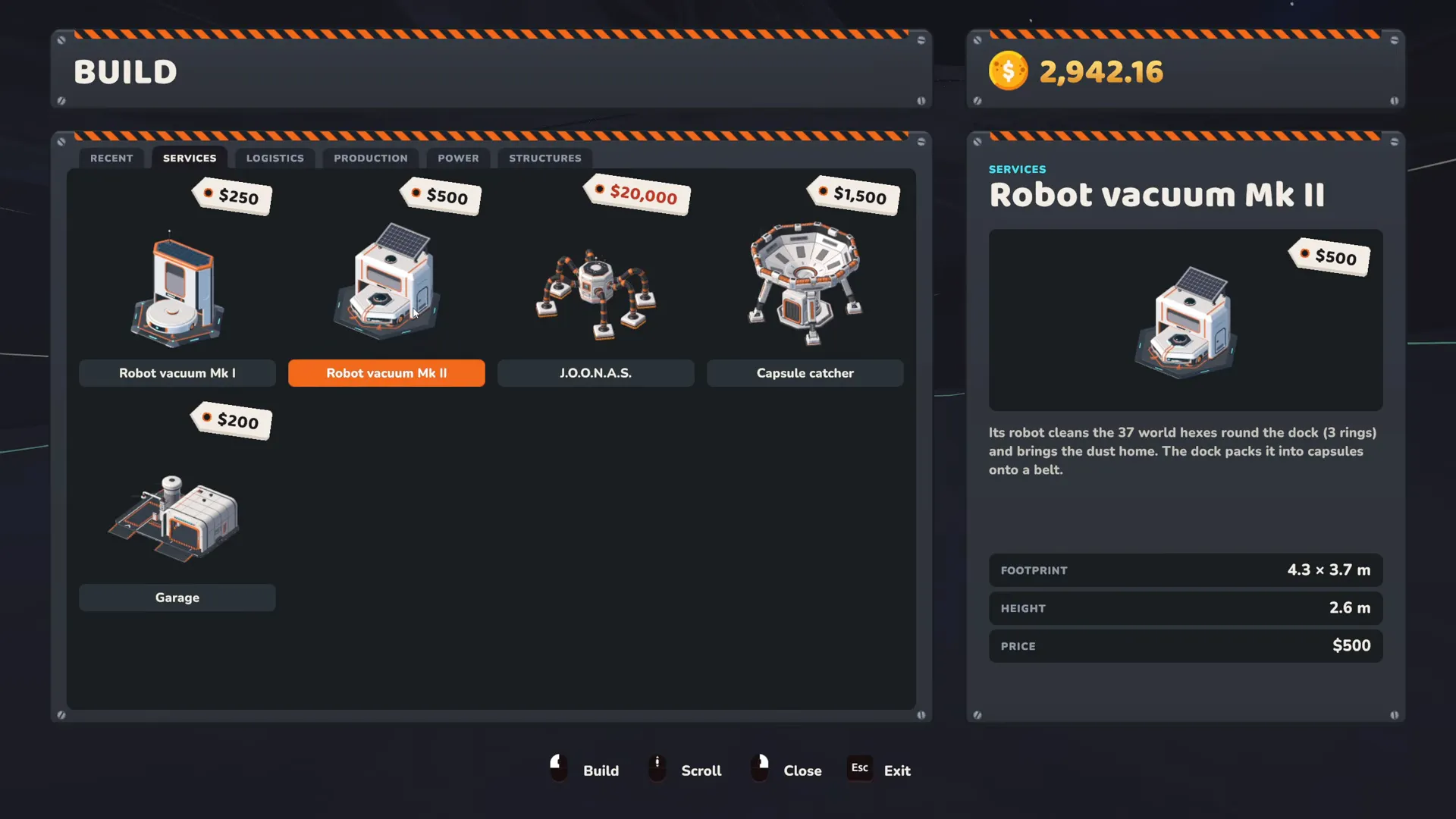 Moon Sweepers Robot vacuum Mk II construction in the SERVICES menu