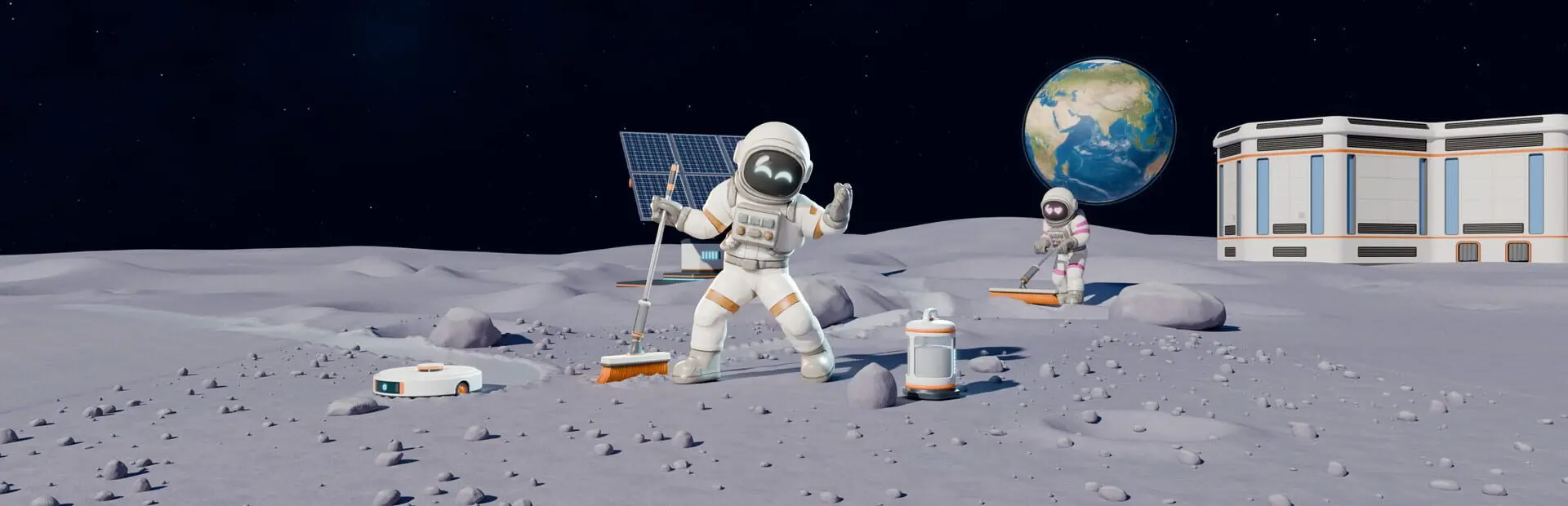 Moon Sweepers astronauts with a cleaning tool on rocky ground at night